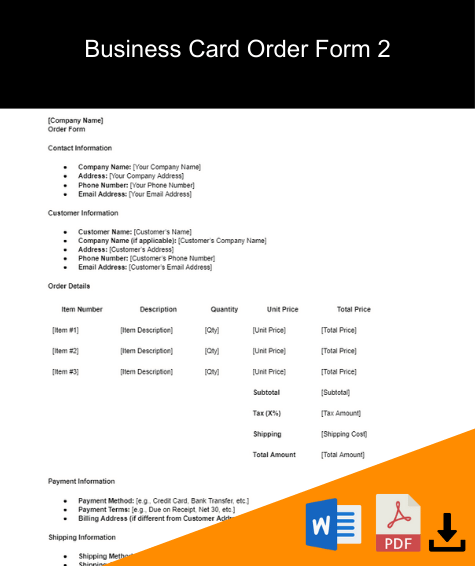 business card order forms